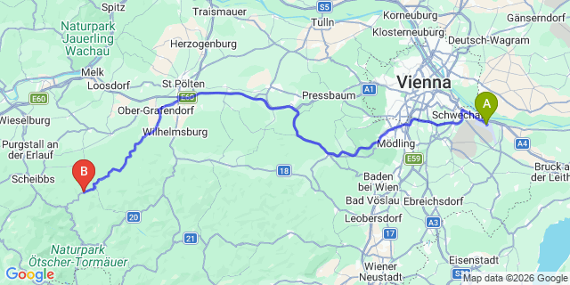 Map: Vienna Airport (VIE) to Frankenfels