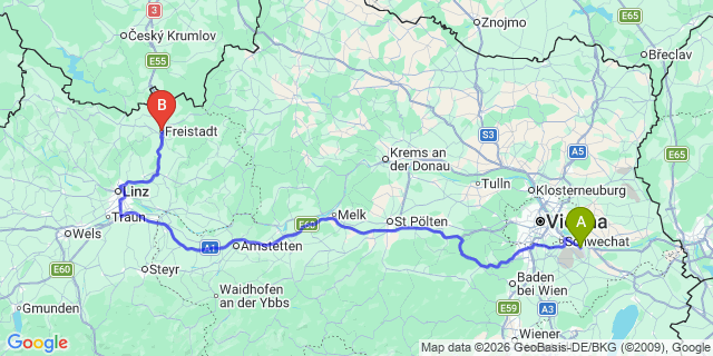 Map: Vienna Airport (VIE) to Freistadt