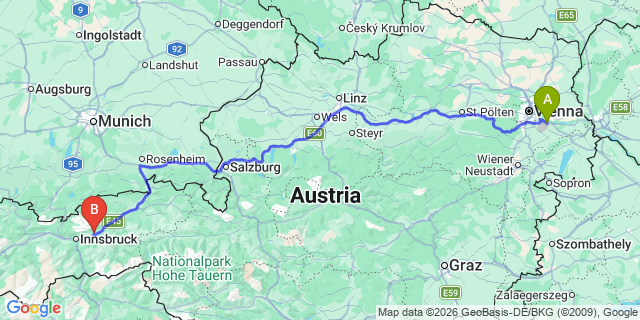 Map: Vienna Airport (VIE) to Fritzens