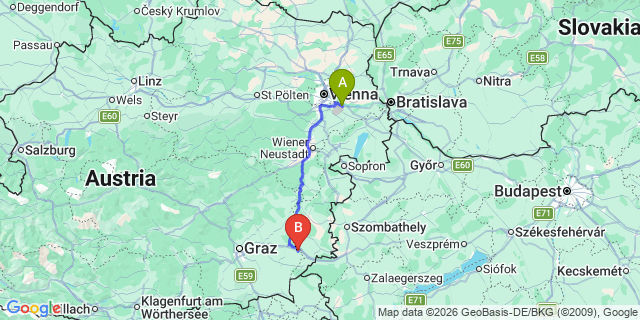 Map: Vienna Airport (VIE) to Furstenfeld