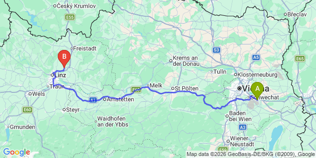 Map: Vienna Airport (VIE) to Gallneukirchen