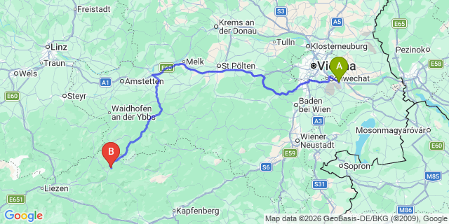 Map: Vienna Airport (VIE) to Gams bei Hieflau