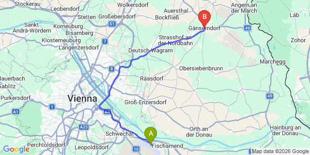Map: Vienna Airport (VIE) to Gänserndorf