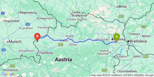 Map: Vienna Airport (VIE) to Gilgenberg am Weilhart