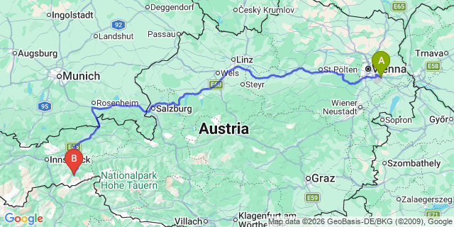 Map: Vienna Airport (VIE) to Ginzling