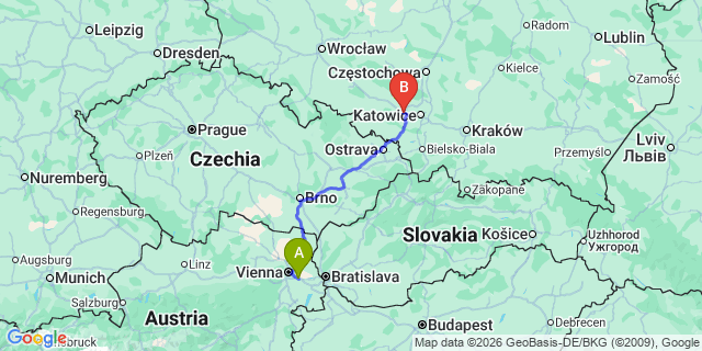 Map: Vienna Airport (VIE) to Gliwice