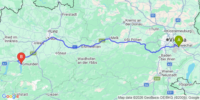 Map: Vienna Airport (VIE) to Gmunden