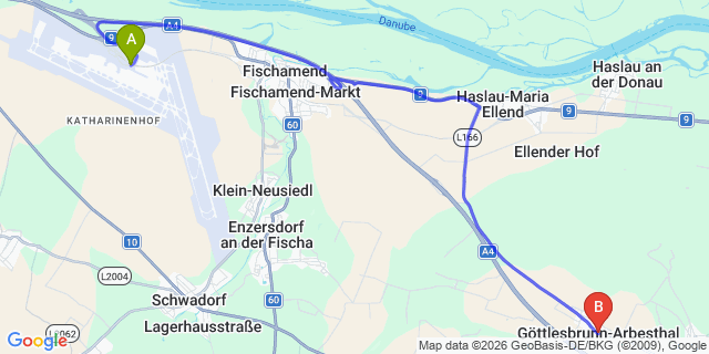 Map: Vienna Airport (VIE) to Göttlesbrunn-Arbesthal