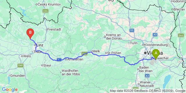 Map: Vienna Airport (VIE) to Gramastetten