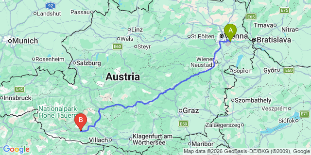 Map: Vienna Airport (VIE) to Greifenburg