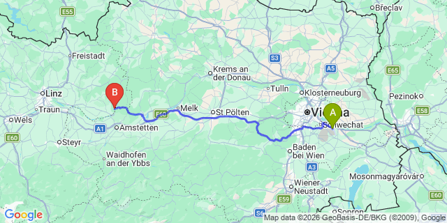 Map: Vienna Airport (VIE) to Grein