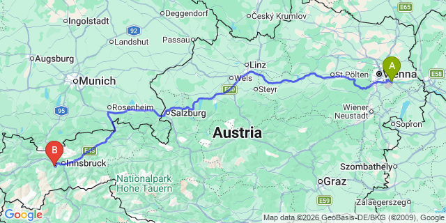 Map: Vienna Airport (VIE) to Grinzens