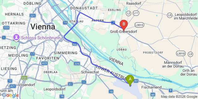Map: Vienna Airport (VIE) to Gross-Enzersdorf