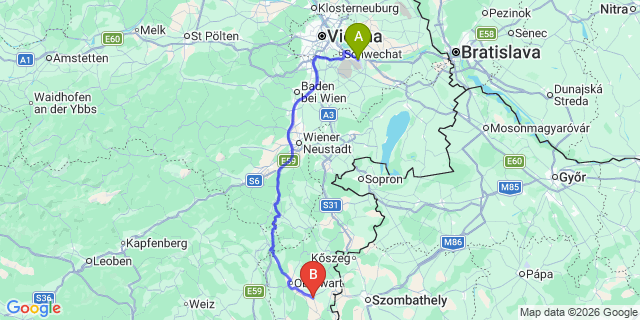 Map: Vienna Airport (VIE) to Großpetersdorf
