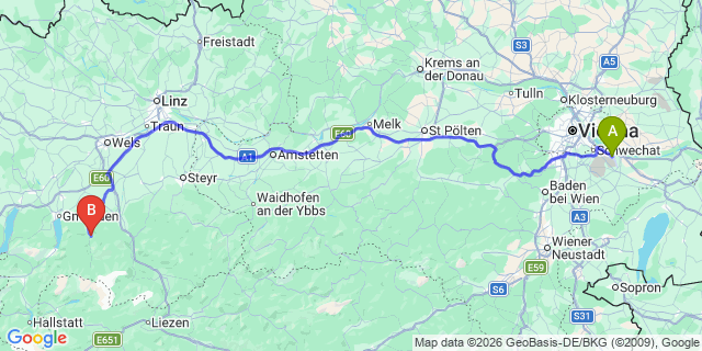 Map: Vienna Airport (VIE) to Grünau im Almtal