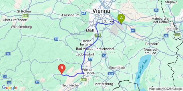 Map: Vienna Airport (VIE) to Grünbach am Schneeberg