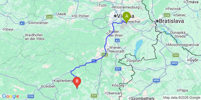 Map: Vienna Airport (VIE) to Gschaid bei Birkfeld