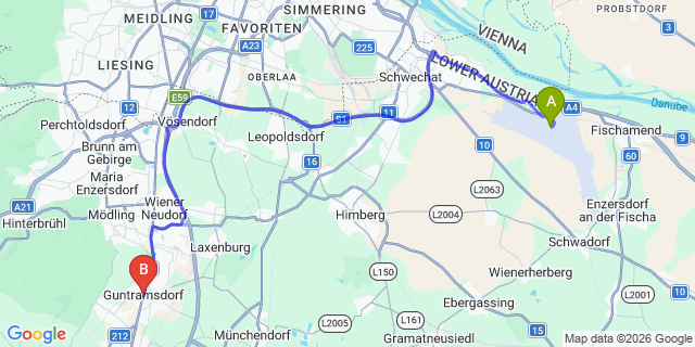 Map: Vienna Airport (VIE) to Guntramsdorf