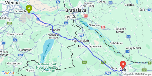 Map: Vienna Airport (VIE) to Győr