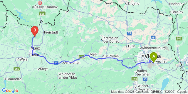 Map: Vienna Airport (VIE) to Haibach im Mühlkreis