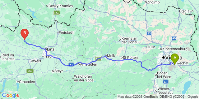 Map: Vienna Airport (VIE) to Haibach ob der Donau
