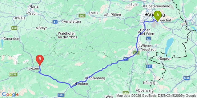 Map: Vienna Airport (VIE) to Hall bei Admont