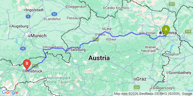 Map: Vienna Airport (VIE) to Hall in Tirol