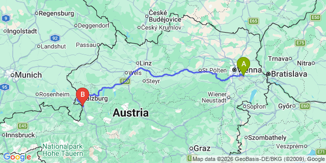 Map: Vienna Airport (VIE) to Hallein