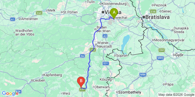 Map: Vienna Airport (VIE) to Hartberg