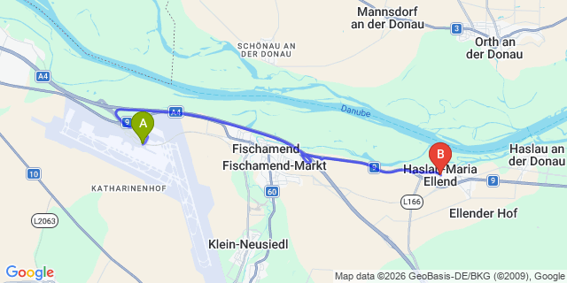 Map: Vienna Airport (VIE) to Haslau an der Donau