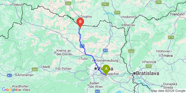Map: Vienna Airport (VIE) to Haugsdorf