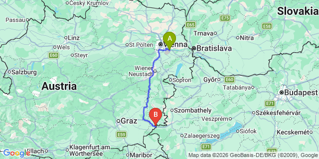 Map: Vienna Airport (VIE) to Heiligenkreuz im Lafnitztal