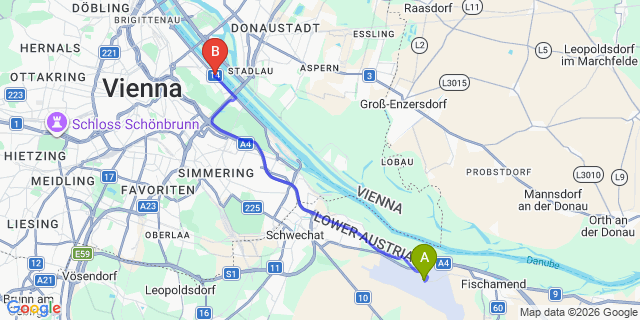Map: Vienna Airport (VIE) to Hilton Vienna Waterfront