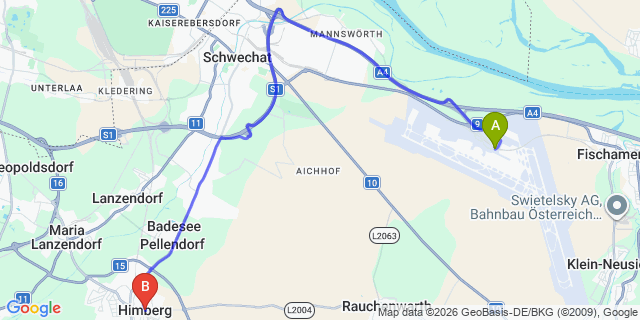 Map: Vienna Airport (VIE) to Himberg bei Wien