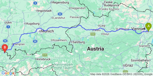 Map: Vienna Airport (VIE) to Hittisau
