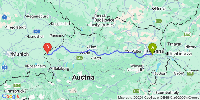 Map: Vienna Airport (VIE) to Hochburg-Ach