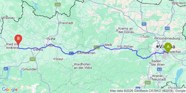 Map: Vienna Airport (VIE) to Hofkirchen an der Trattnach