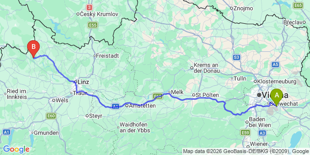 Map: Vienna Airport (VIE) to Hofkirchen im Mühlkreis