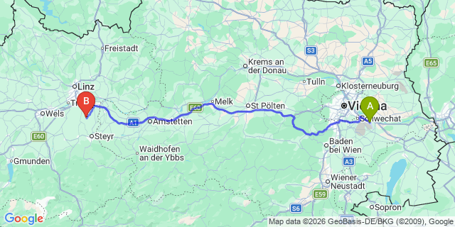 Map: Vienna Airport (VIE) to Hofkirchen im Traunkreis