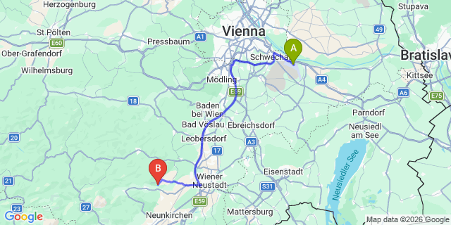 Map: Vienna Airport (VIE) to Höflein an der Hohen Wand