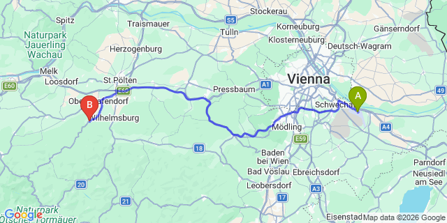 Map: Vienna Airport (VIE) to Hofstetten-Grünau