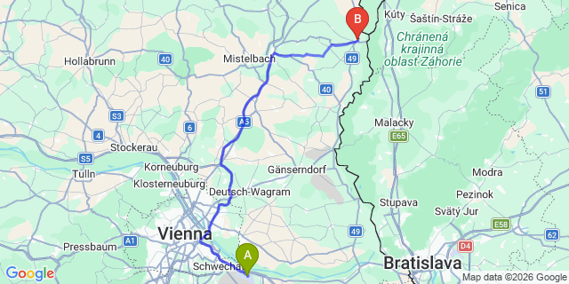 Map: Vienna Airport (VIE) to Hohenau an der March