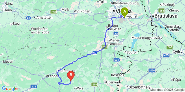 Map: Vienna Airport (VIE) to Hohenau an der Raab