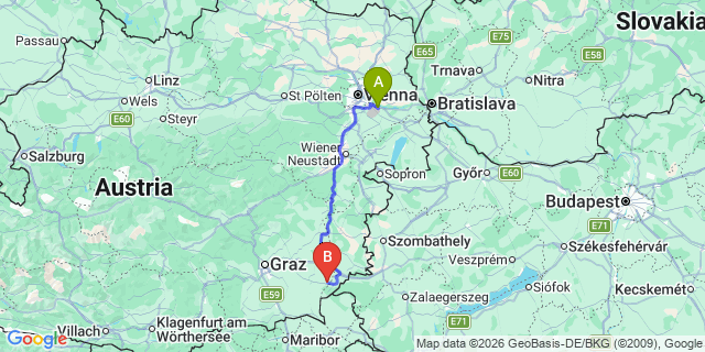 Map: Vienna Airport (VIE) to Hohenbrugg an der Raab