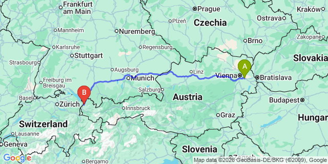 Map: Vienna Airport (VIE) to Hohenems