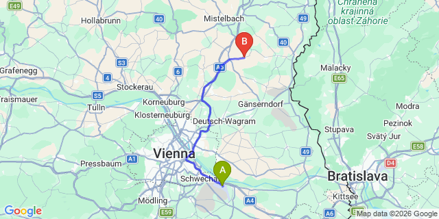 Map: Vienna Airport (VIE) to Hohenruppersdorf