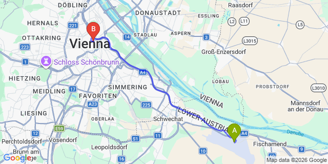 Map: Vienna Airport (VIE) to Hollmann Beletage Design & Boutique Hotel
