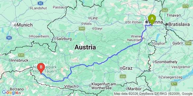 Map: Vienna Airport (VIE) to Hopfgarten in Defereggen