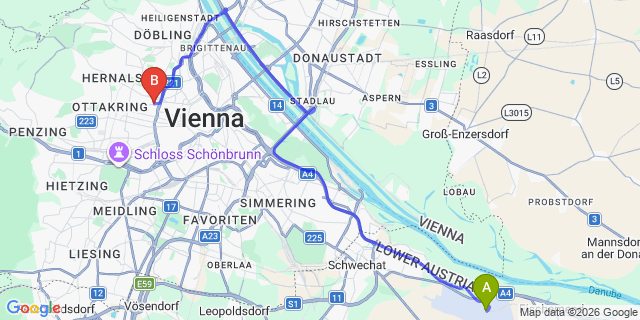 Map: Vienna Airport (VIE) to Hotel Exe Vienna