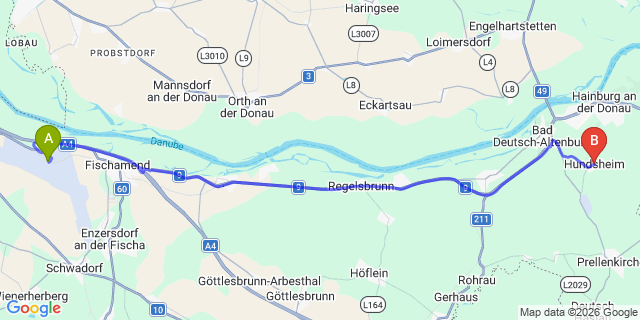 Map: Vienna Airport (VIE) to Hundsheim